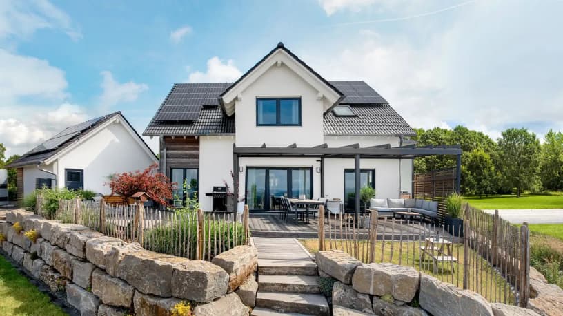 Karesa Fertighaus mit Satteldach und Erker: Modernes Einfamilienhaus für Familien mit großzügiger Terrasse und Garten. Ihr Traumhaus zum Wohlfühlen!